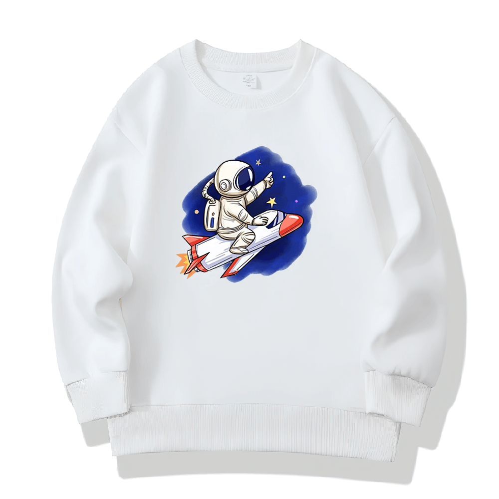 Kids Astronaut Rocket Sweatshirt with playful space graphic, featuring an astronaut on a rocket surrounded by stars. SF3106